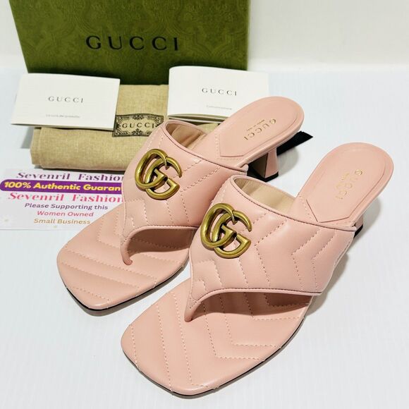 Gucci Marmont Double G 37/ US 7 Thong Pink Chevron Kitten Heel Sandals NIB - Picture 4 of 14